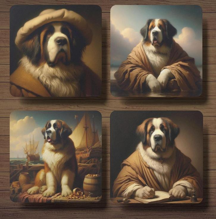 Sint Bernard Rembrandt stijl onderzetters met houder, Huis en Inrichting, Woonaccessoires | Onderzetters, Nieuw, Glas of Kopje