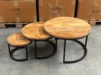 Ronde salontafel | set van 3 | naturel mangohout & zwart, 50 tot 100 cm, Rond, Salontafel set van 3 mangohout, Zo goed als nieuw
