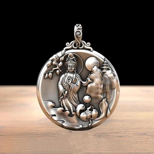 Ronde Lotus Avalokitesvara Hanger – 999 Zilver, Sieraden, Tassen en Uiterlijk, Kettinghangers, Nieuw, Zilver, Zilver, Kruis of Symbool