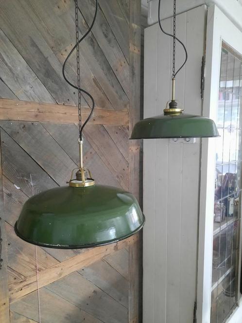Groen emaille hanglampen , industrïële hanglampen, Antiek en Kunst, Antiek | Lampen, Ophalen of Verzenden