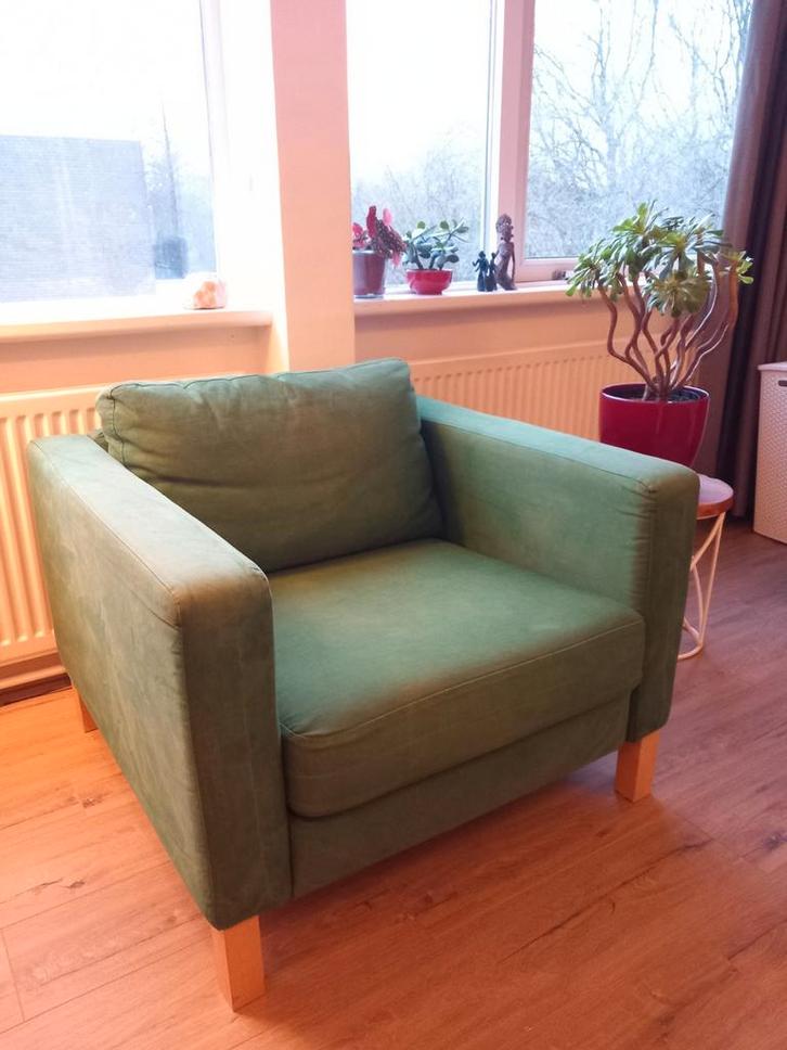 Groene fauteuil (Ikea Karlstad) 1-zits, Huis en Inrichting, Fauteuils, Gebruikt, Hout, Stof, 75 tot 100 cm, 75 tot 100 cm, Ophalen