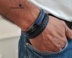 Heren / Mannen Armband Zwart Leer Gevlochten RVS Sluiting, Verzenden, Nieuw, Blauw, Leer