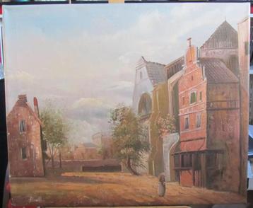Klassiek Schilderij van een Dorpsplein beschikbaar voor biedingen