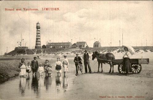Strand met Vuurtoren in IJmuiden, Verzamelen, Ansichtkaarten | Nederland, Gelopen, Noord-Holland, Voor 1920, Ophalen of Verzenden