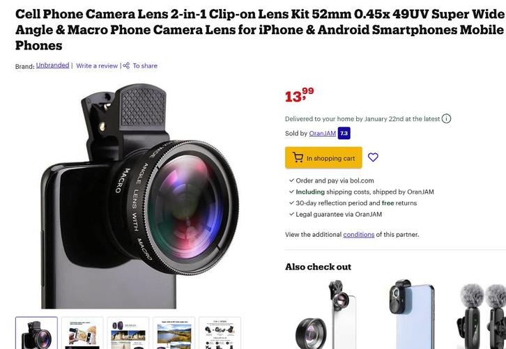 Cell Phone Camera Lens 52mm 0.45x 49UV, Audio, Tv en Foto, Fotografie | Filters, Nieuw, Overige typen, 50 tot 60 mm, Overige merken