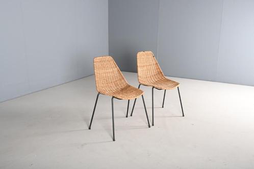 Vintage Design Rotan Gian Franco Legler Stoelen 60s 70s, Huis en Inrichting, Stoelen, Gebruikt, Twee, Metaal, Riet of Rotan, Bruin