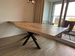 Boomstam tafel massief eiken l 10 cm dik blad l X-poot, 100 tot 150 cm, 200 cm of meer, Ophalen of Verzenden, Zo goed als nieuw