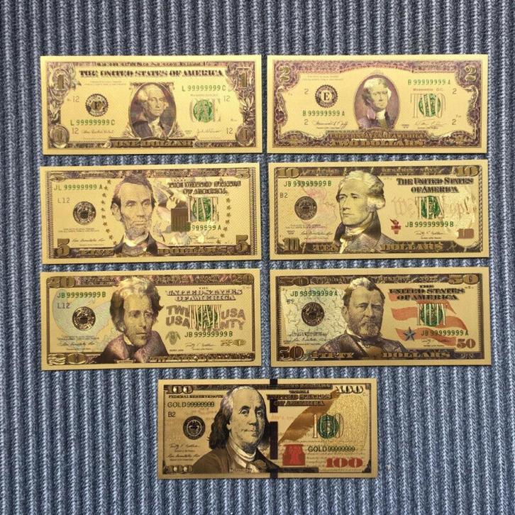 7 st. 24k bladgouden Dollar Biljetten 1/2/5/10/20/50/100, Postzegels en Munten, Munten en Bankbiljetten | Verzamelingen, Bankbiljetten