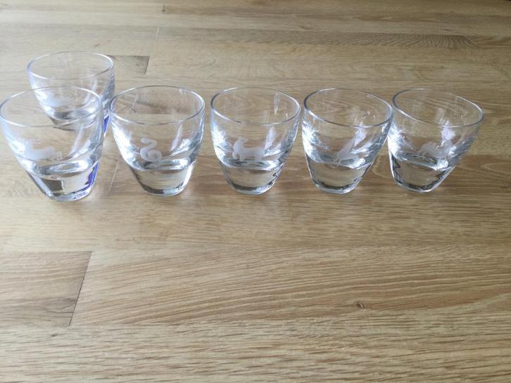 6 x Rondo Leerdam likeurglas, dieren uitgeslepen., Antiek en Kunst, Antiek | Glas en Kristal, Ophalen of Verzenden
