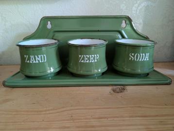 Vintage emaille rekje met zand zeep soda bakjes reseda groen beschikbaar voor biedingen