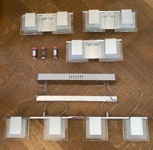 Set Hang- (1x) + Wandlamp (3x), Huis en Inrichting, Lampen | Wandlampen, Gebruikt, Glas, Metaal, Ophalen