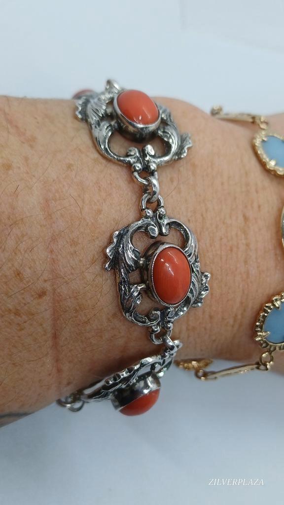 Vintage Art Nouveau Zilveren Armband Bloedkoraal, Sieraden, Tassen en Uiterlijk, Armbanden, Zo goed als nieuw, Zilver, Zilver
