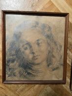 Oude potlood tekening portret Meisje Dame, Antiek en Kunst, Kunst | Tekeningen en Foto's, Ophalen