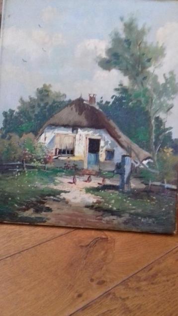 Mooi schilderij; " Boerderijtje met kippen en een pomp" beschikbaar voor biedingen