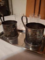 Russische theeglashouder met glaasjes en lepeltjes, Antiek en Kunst, Ophalen of Verzenden, Zilver