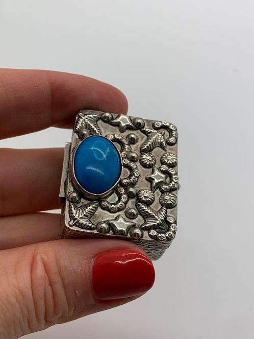 X826 Prachtig antiek 1000 zilveren pillendoosje met turkoois, Antiek en Kunst, Antiek | Goud en Zilver, Zilver, Ophalen of Verzenden
