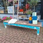 Sleetse blauwe bank met houten blad, Ophalen, Gebruikt, Hout