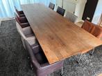 Eetkamer set: massief notenhouten eettafel + 8 leren stoelen, Ophalen, Gebruikt, 100 tot 150 cm, Eikenhout