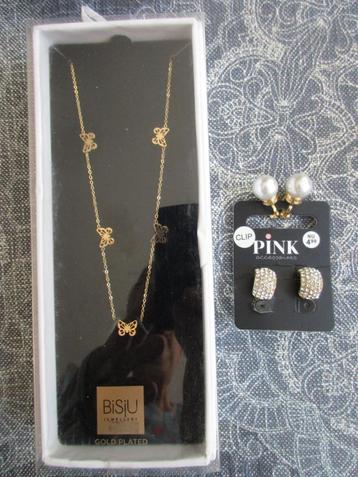 nieuw gold plated ketting met een vlinder / 2 paar oorclips  beschikbaar voor biedingen