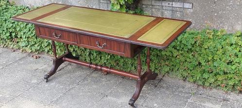 Houten salontafel met groen leer ingelegd, uitklapbaar, Antiek en Kunst, Curiosa en Brocante, Ophalen