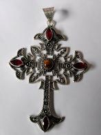Mooie 925 grote hanger kruis met tijgeroog en granaat, Sieraden, Tassen en Uiterlijk, Kettinghangers, Overige kleuren, Verzenden