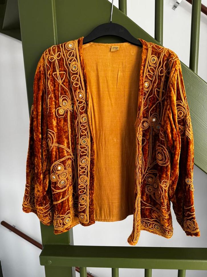 Vintage India spiegeljasje M, Kleding | Dames, Jasjes, Kostuums en Pakken, Gedragen, Jasje, Maat 38/40 (M), Oranje, Ophalen of Verzenden