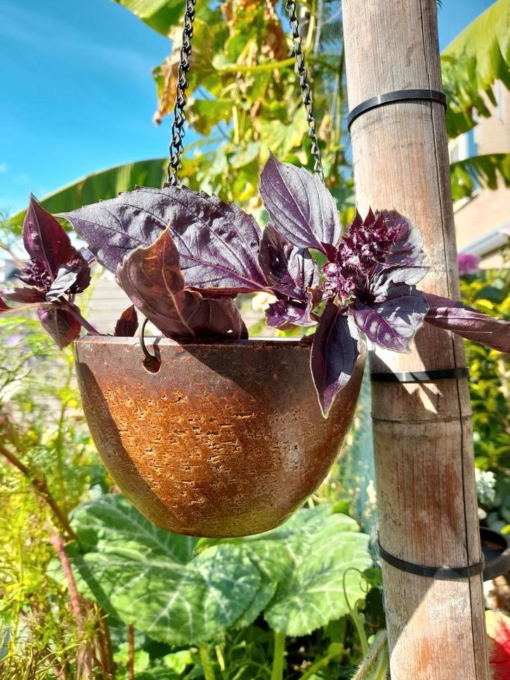 Retro bruin okergelige hang bloempot incl. Ketting, Tuin en Terras, Bloempotten, Zo goed als nieuw, Aardewerk, Minder dan 40 cm