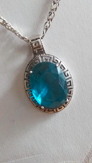 Vintage zilveren ketting + hanger met gefacetteerde apatiet  beschikbaar voor biedingen