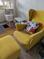 STRANDMON Fauteuil en voetenbank, custom gele hoes, Ophalen, Hout, 75 tot 100 cm, Zo goed als nieuw