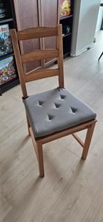 4x Houten Eetkamerstoelen met Grijs kussen, Ophalen, Gebruikt, Bruin, Landelijk