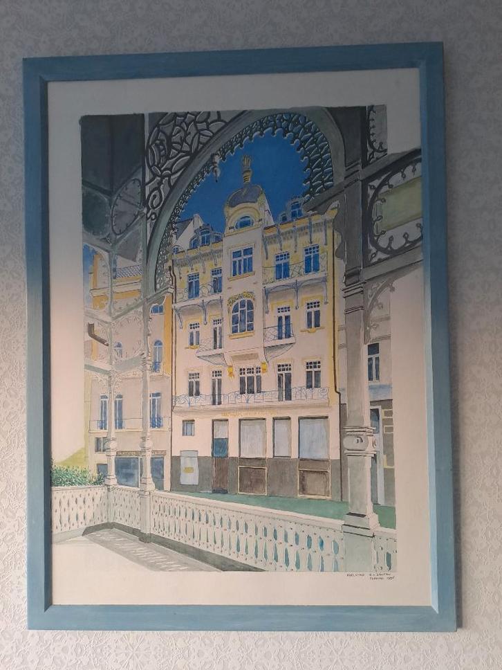 Tekening Karlovy Vary Markt Colonnade, Antiek en Kunst, Kunst | Schilderijen | Klassiek, Ophalen of Verzenden