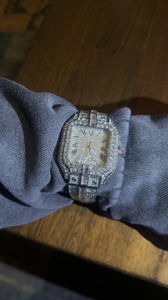 Moissanite Cartier horloge iced out, Sieraden, Tassen en Uiterlijk, Horloges | Heren, Zo goed als nieuw, Overige merken, Staal