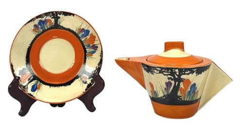 1040 - Art Deco theepot en schotel, Clarice Cliff, Antiek en Kunst, Antiek | Keramiek en Aardewerk, Ophalen of Verzenden
