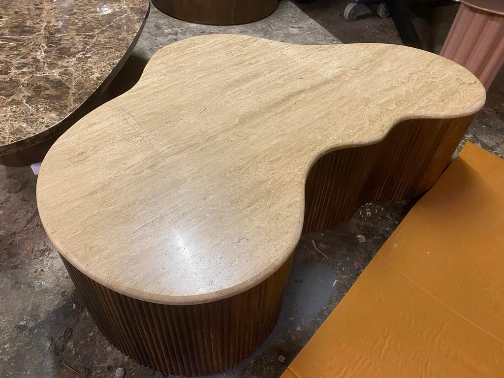 Salontafel organisch mari travertin met mangohout 129x84x36, Ophalen, 100 tot 150 cm, Nieuw, 50 tot 100 cm