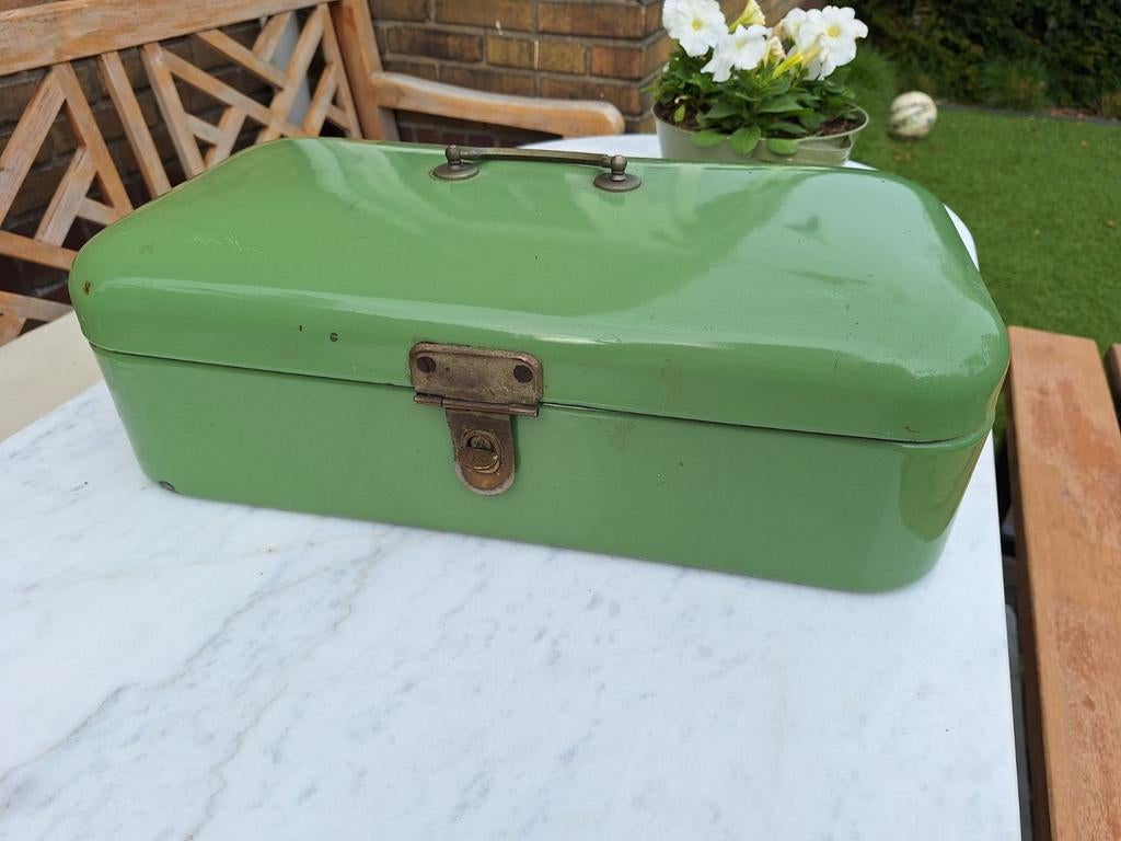 Vintage broodtrommel, groen emaille, Ophalen