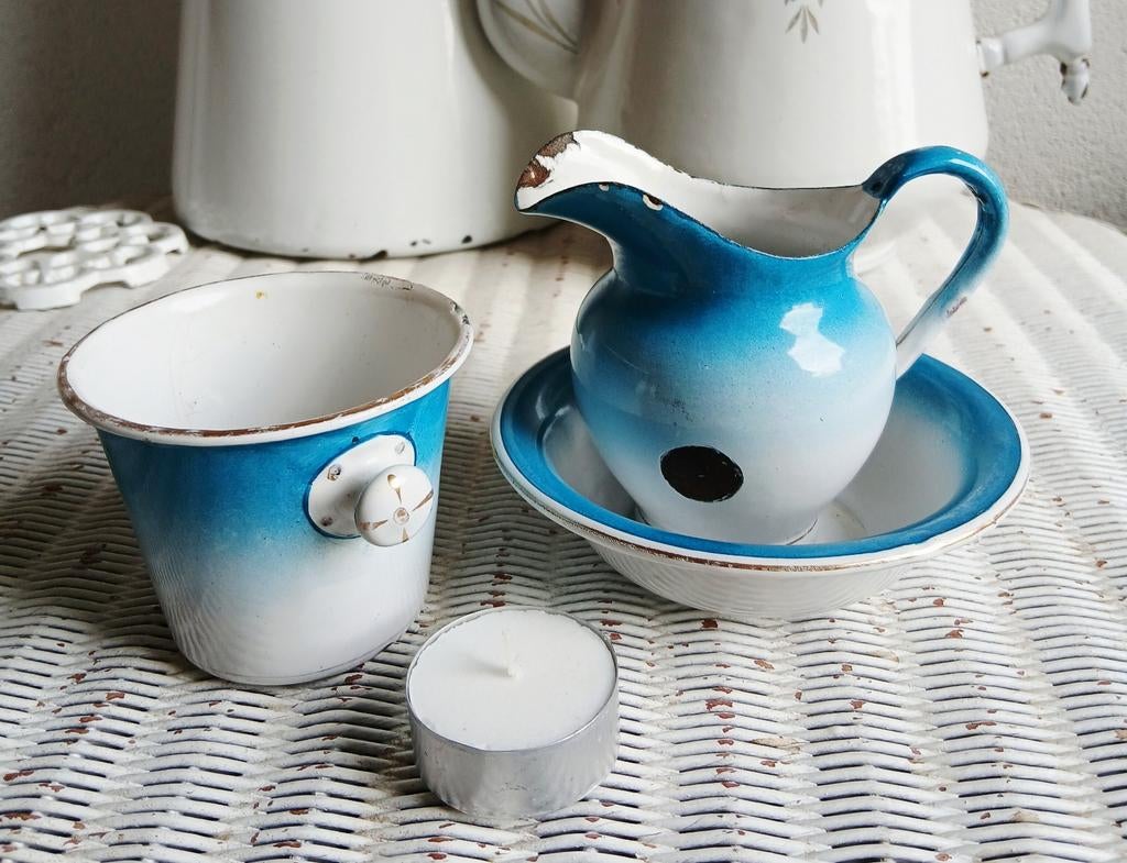 emaille kinder lampetstel en emmertje, Antiek en Kunst, Ophalen of Verzenden