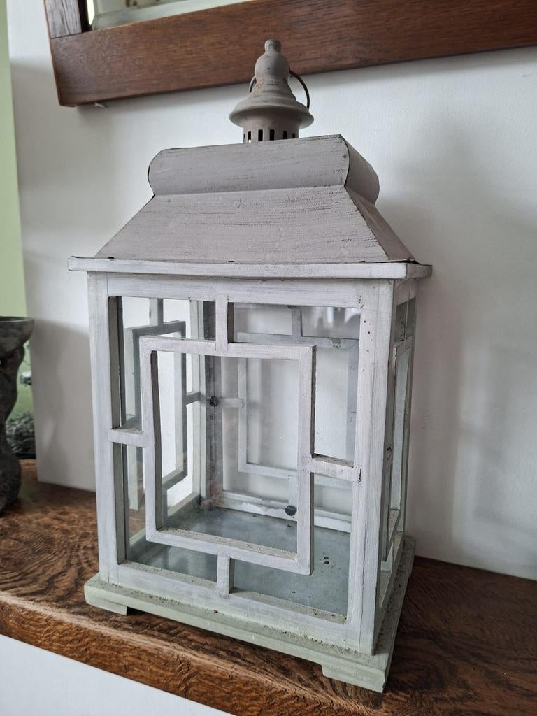 Landelijk windlicht/kaarshouder van vergrijsd hout, Ophalen of Verzenden