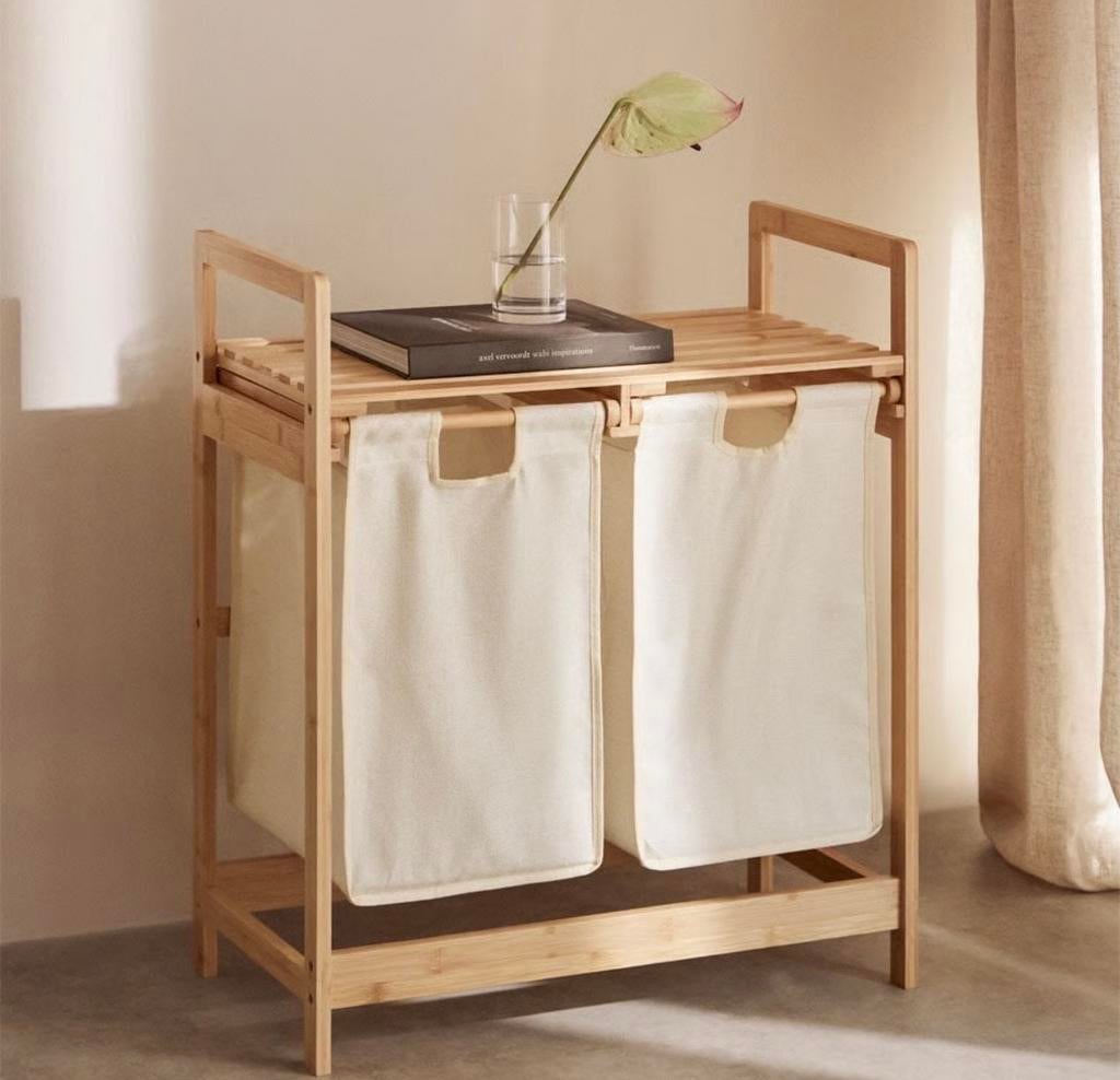 Wasmand met 2 vakken en bamboe frame - laundry basket, Ophalen, Hout, Gebruikt, Beige