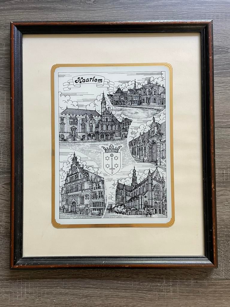 HAARLEM Glasgravure gouden rand - met lijst 39x47 cm, Ophalen of Verzenden