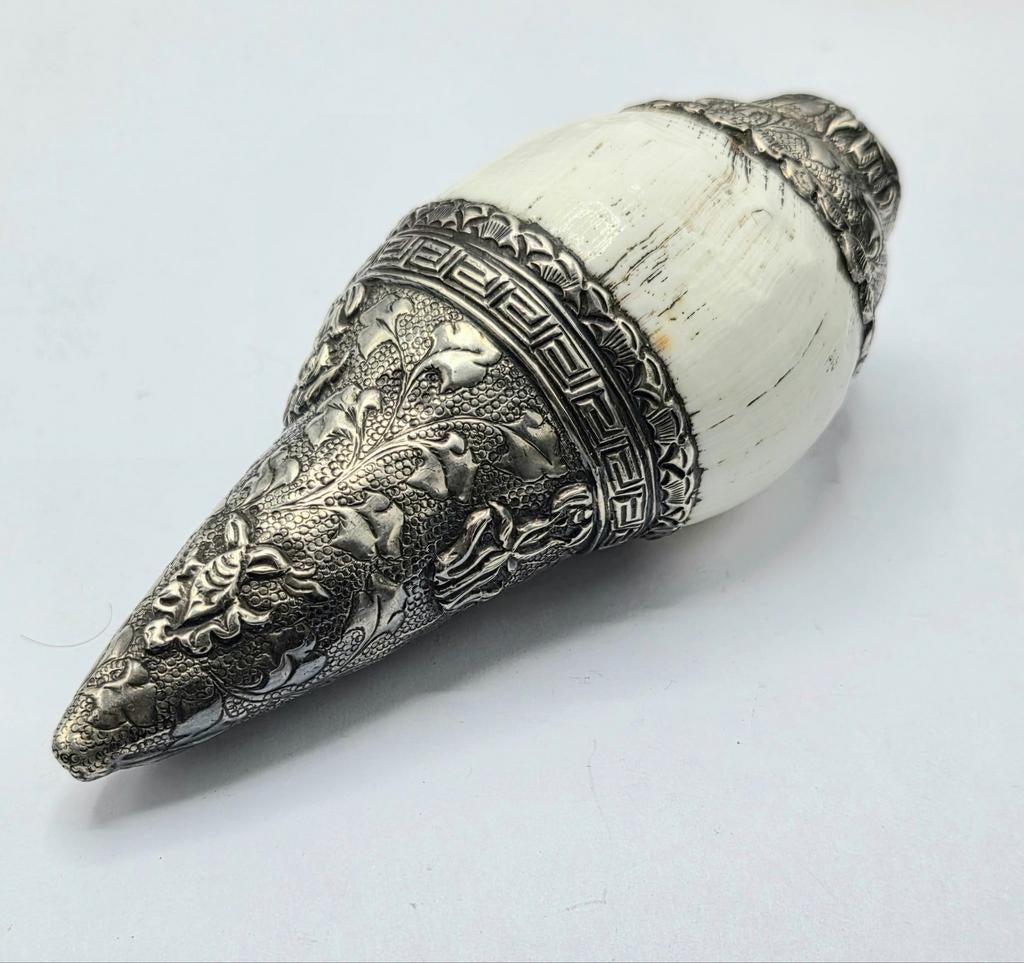 Antiek Zilveren Tibetaans Buddhist Shankha Hoorn Schelp, Verzenden, Zilver