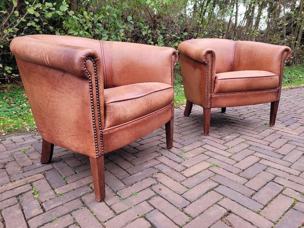 Vintage leren clubfauteuils, Ophalen, Gebruikt, Minder dan 75 cm, Leer