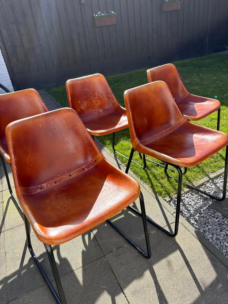 Industriële leren stoelen cognac kleur, Ophalen, Gebruikt, Bruin, Leer