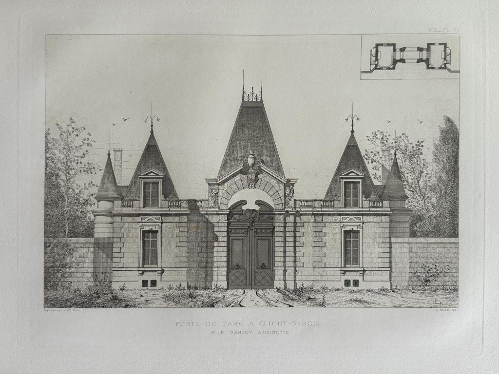Antieke staal gravure 1877: Architectuur tekening aanzicht, 1800 - 1899, Verzenden, Architectuur, Gravure