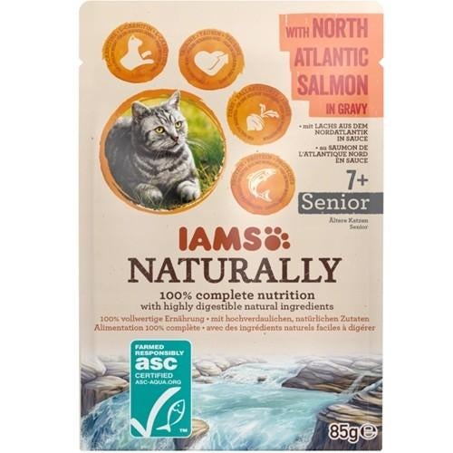 Iams pouch naturally zalm senior 7+  85gram, Ophalen of Verzenden, Kat