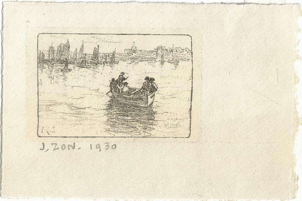 Jacques Zon aluminium litho "Bootje op Water", 1930, Antiek en Kunst, Ophalen