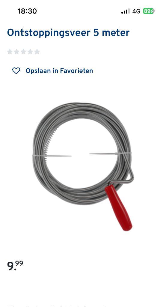 Ontstoppingsveer 5 meter, Doe-het-zelf en Verbouw, Buizen en Afvoer, Overige typen, Overige materialen, 6 meter of meer, 80 mm of meer