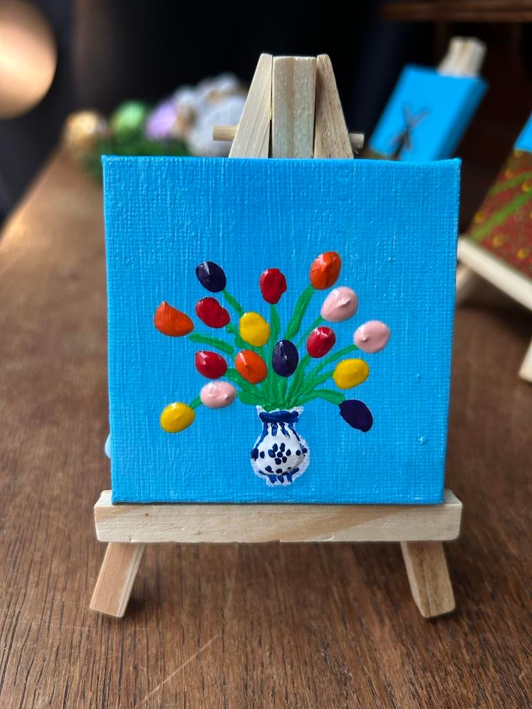 Tulpen in Delfsblauwe Vaas - Mini Schilderij, Antiek en Kunst, Kunst | Schilderijen | Klassiek, Ophalen of Verzenden