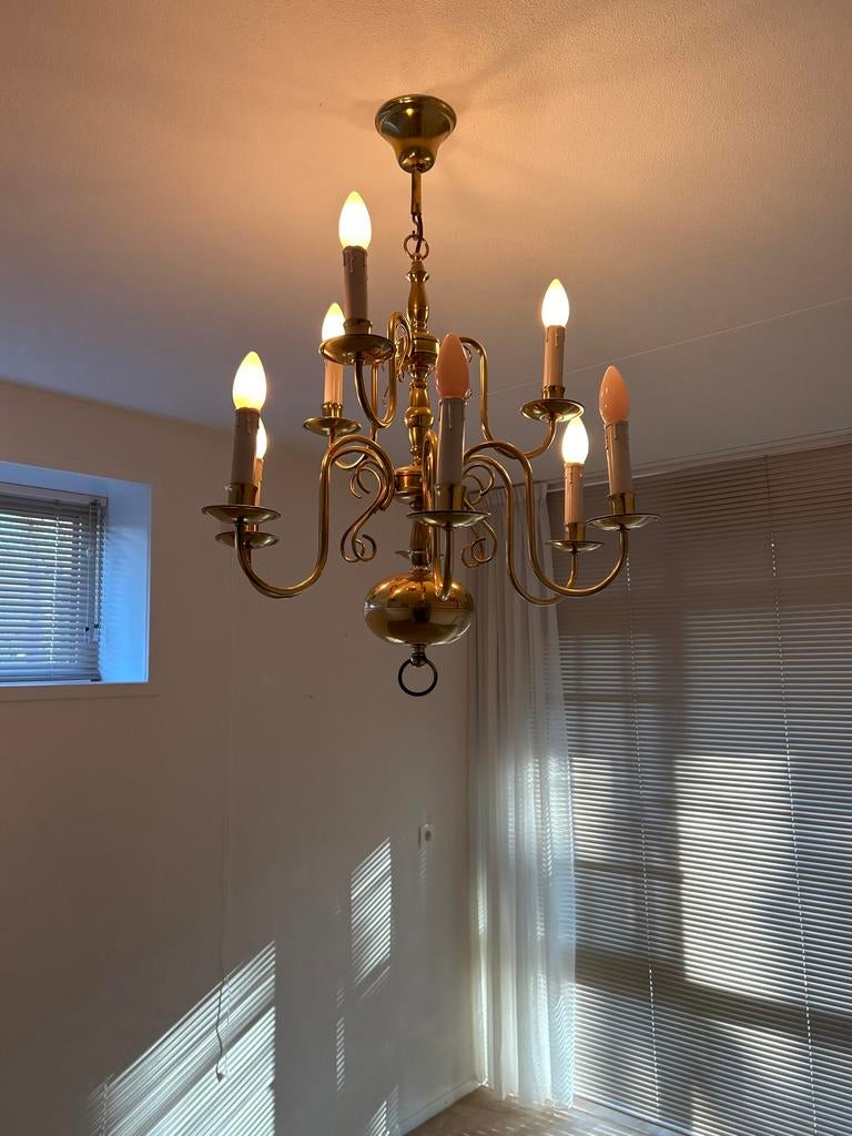 Klassieke messing kroonluchter met 8 armen, Huis en Inrichting, Lampen | Kroonluchters, Ophalen, Zo goed als nieuw, Metaal