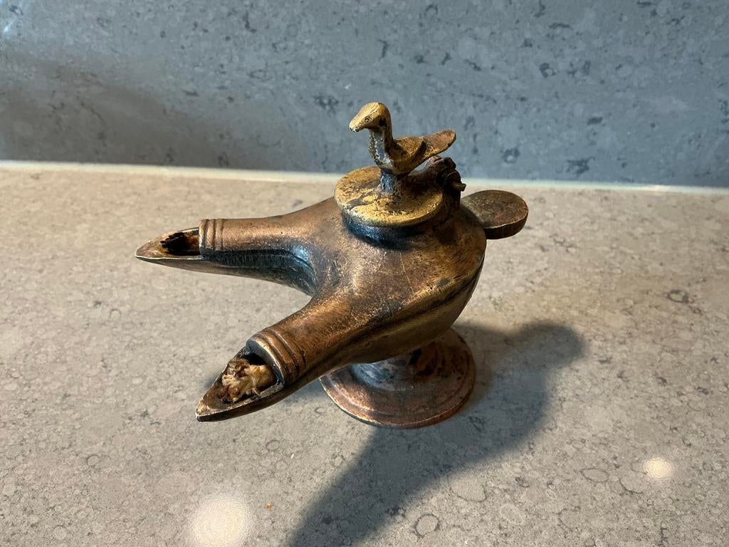 Anders antiek bronzen olielampje met vogel dubbele tuit lont, Ophalen of Verzenden, Brons