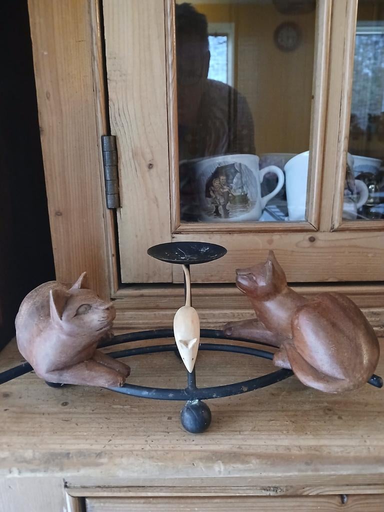 Kaarsenstandaards hout kat 2 stuks, Ophalen of Verzenden